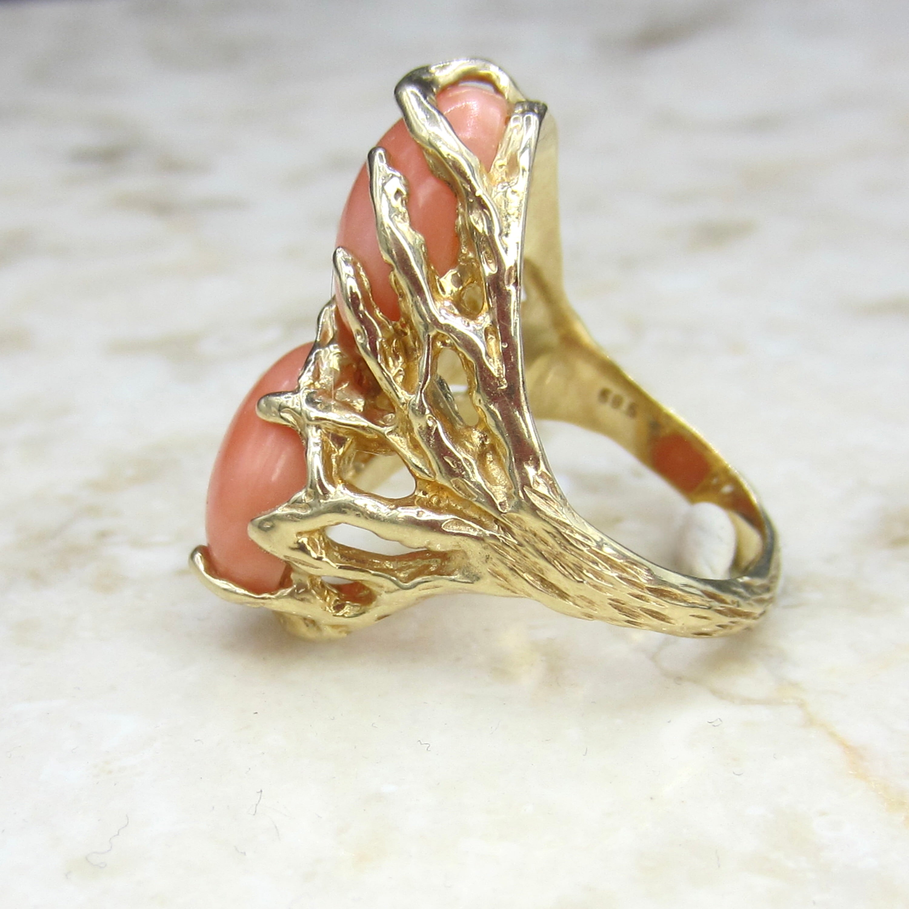 Vintage 1970s Angel Skin Coral Ring | Organic Modernist Gold Statement Ring | Brutalist Cocktail Jewelry