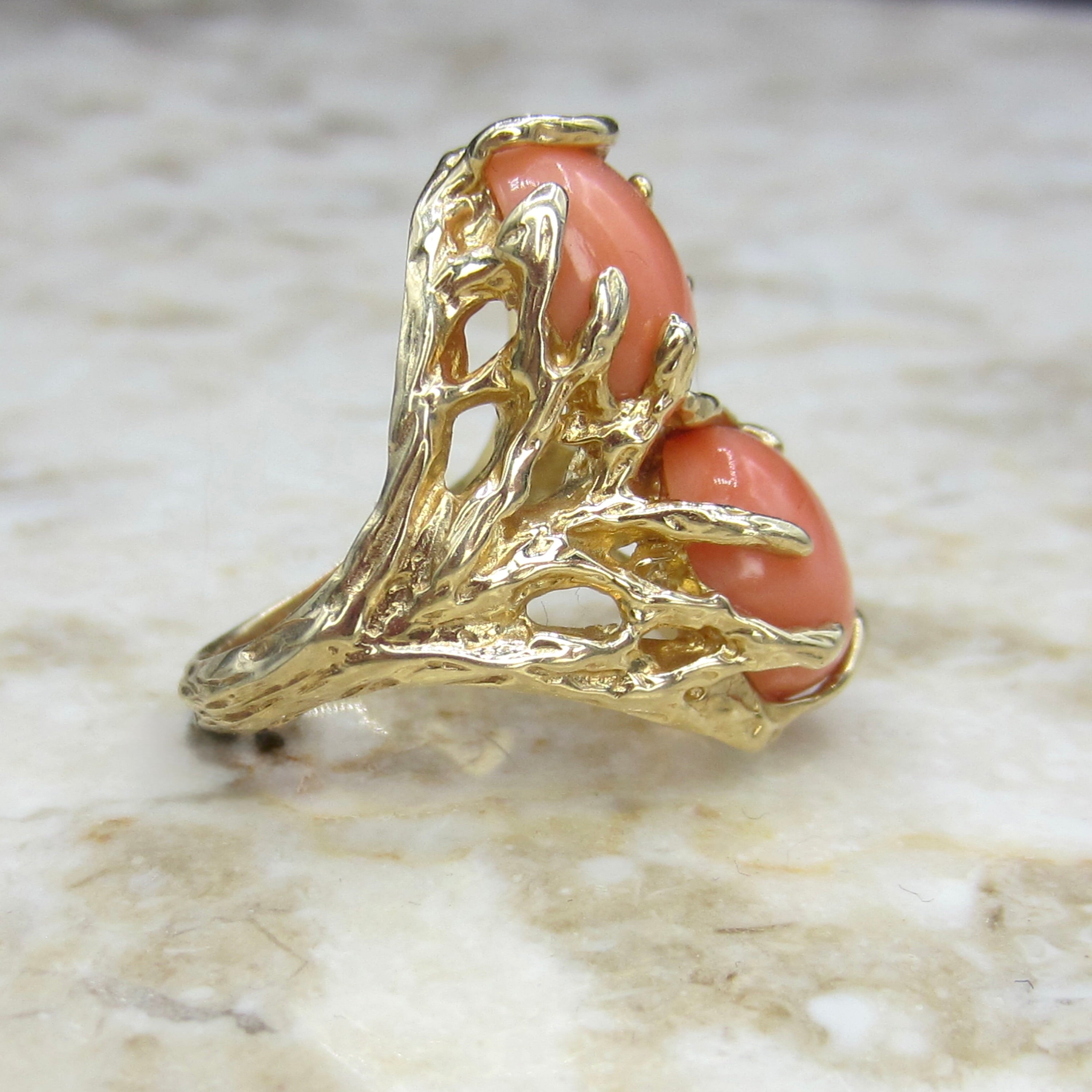 Vintage 1970s Angel Skin Coral Ring | Organic Modernist Gold Statement Ring | Brutalist Cocktail Jewelry