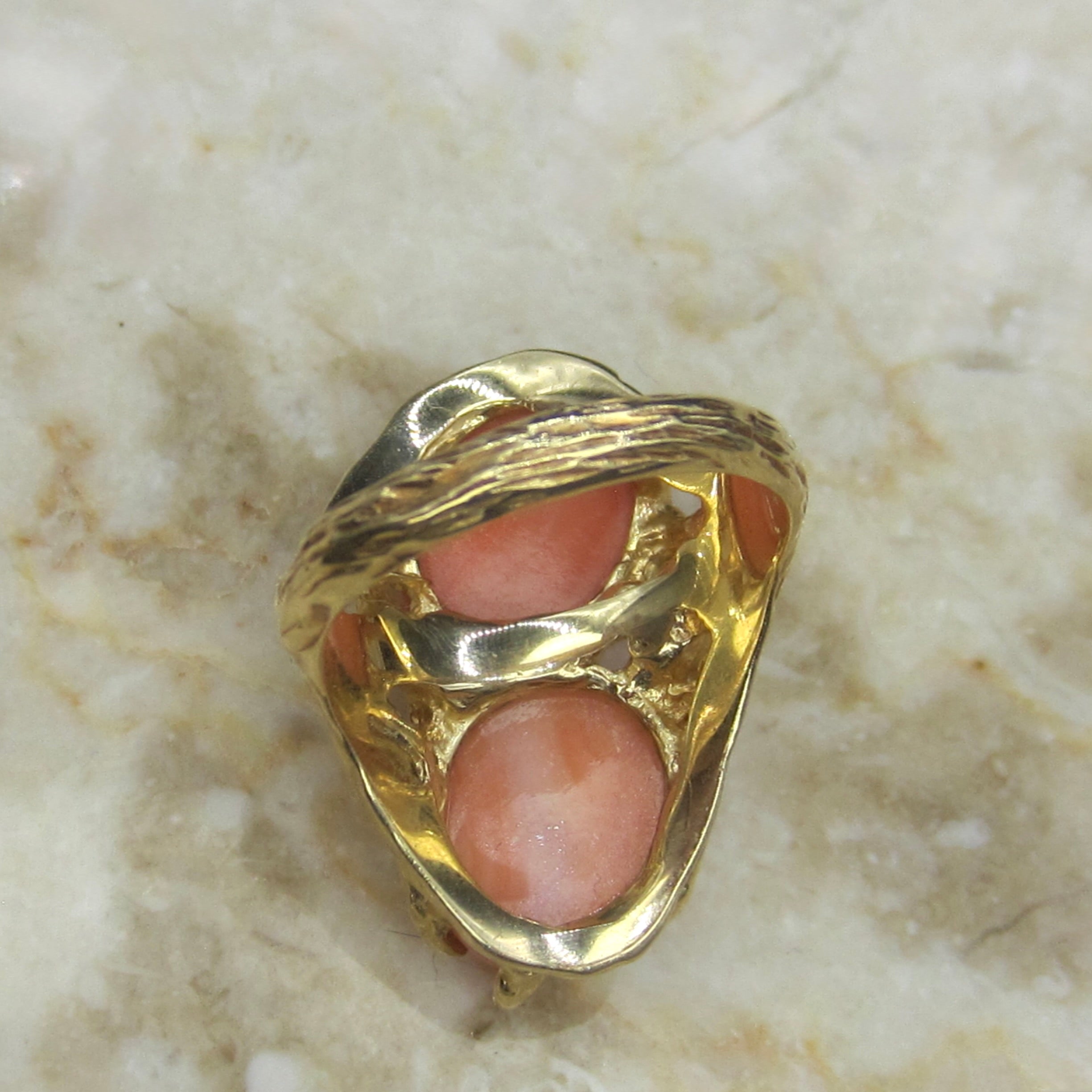 Vintage 1970s Angel Skin Coral Ring | Organic Modernist Gold Statement Ring | Brutalist Cocktail Jewelry
