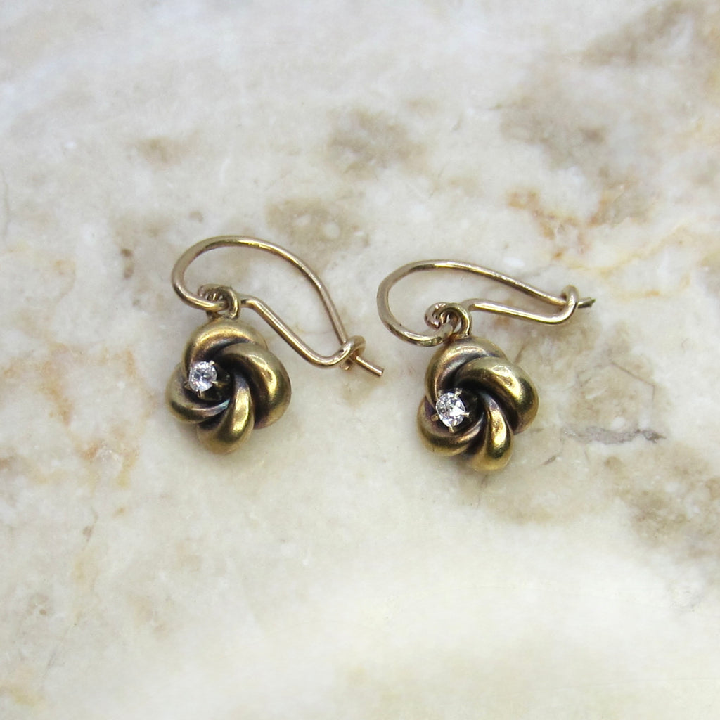 Antique 18k Gold Victorian Love Knot Earrings with Old Mine Cut Diamonds c.1890s