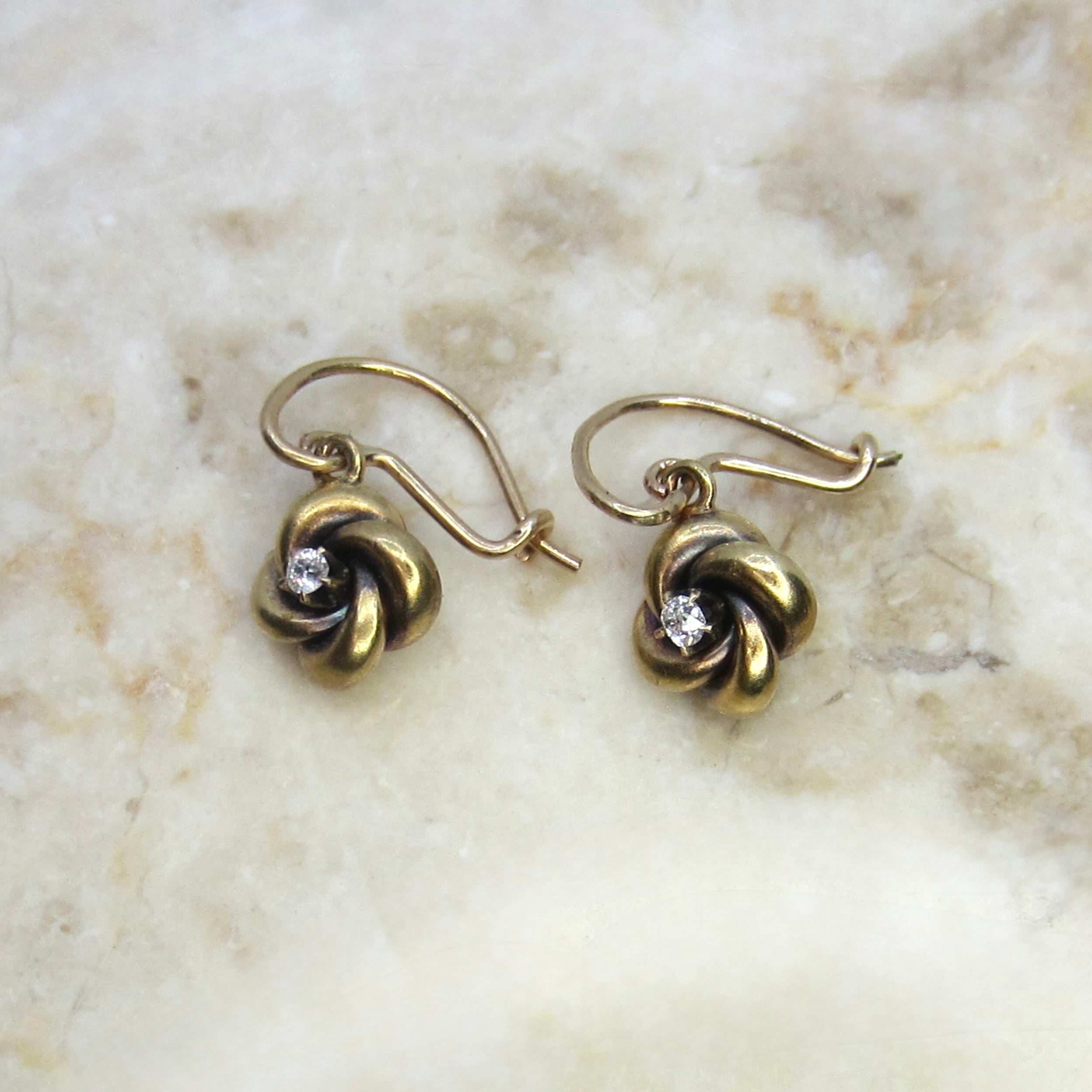 Antique 18k Gold Victorian Love Knot Earrings with Old Mine Cut Diamonds c.1890s