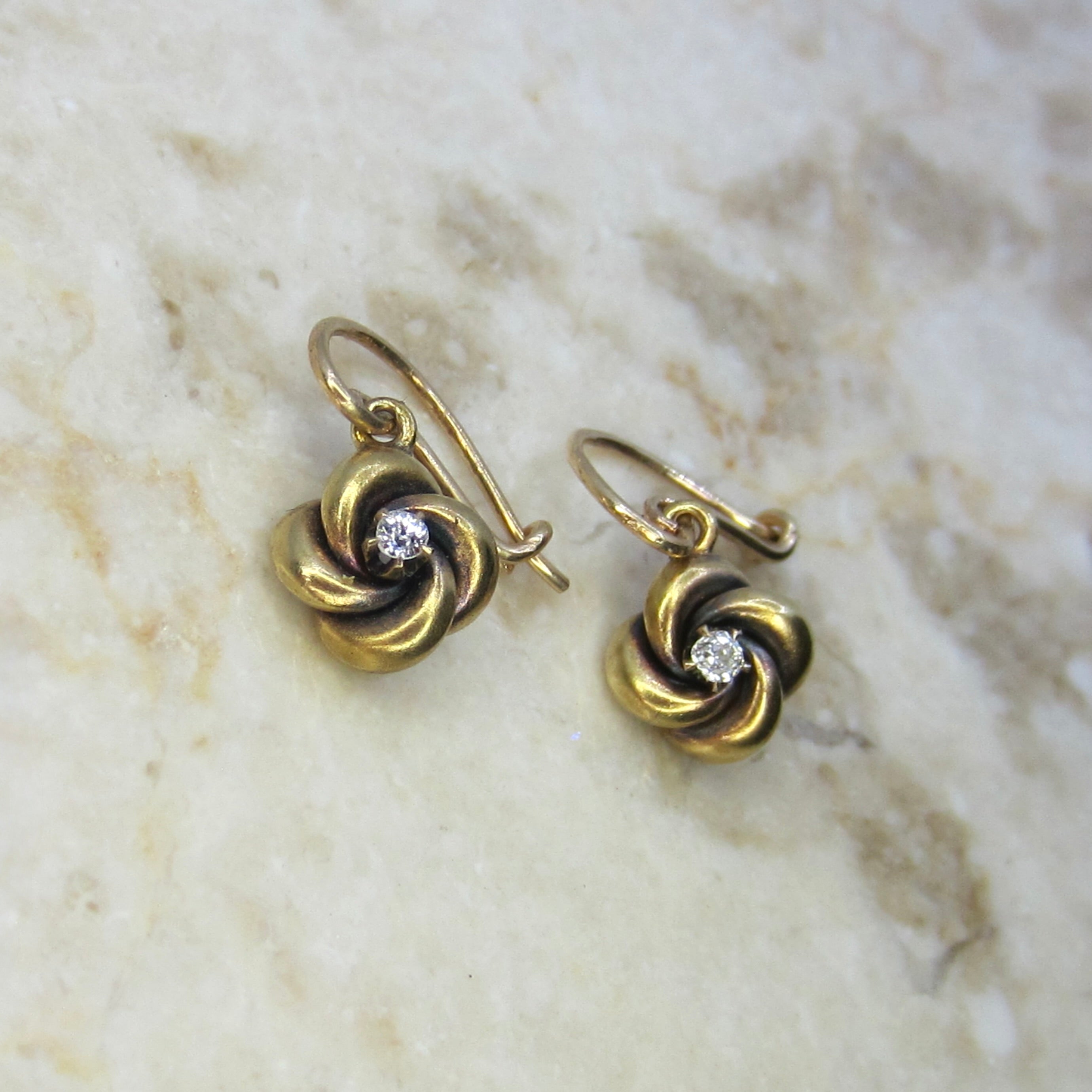 Antique 18k Gold Victorian Love Knot Earrings with Old Mine Cut Diamonds c.1890s