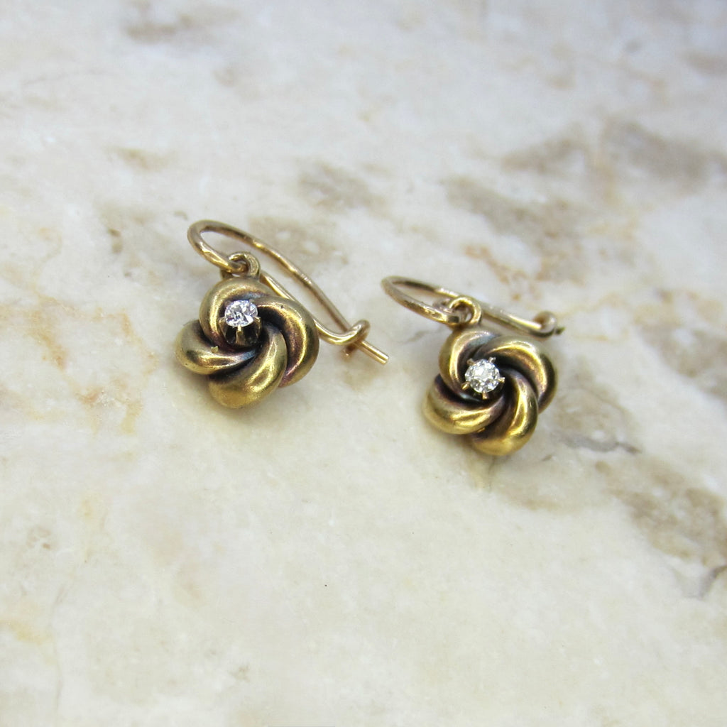 Antique 18k Gold Victorian Love Knot Earrings with Old Mine Cut Diamonds c.1890s