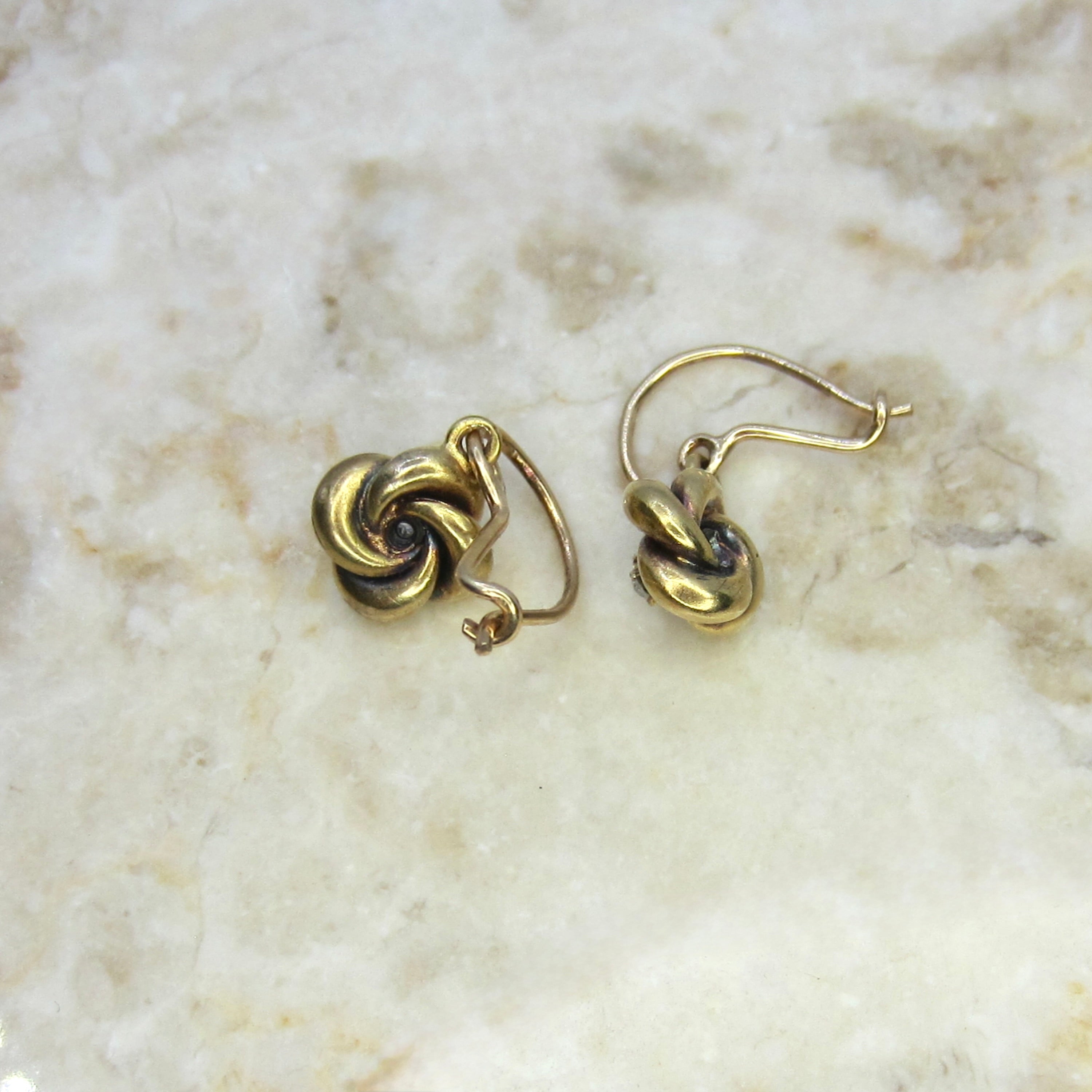Antique 18k Gold Victorian Love Knot Earrings with Old Mine Cut Diamonds c.1890s