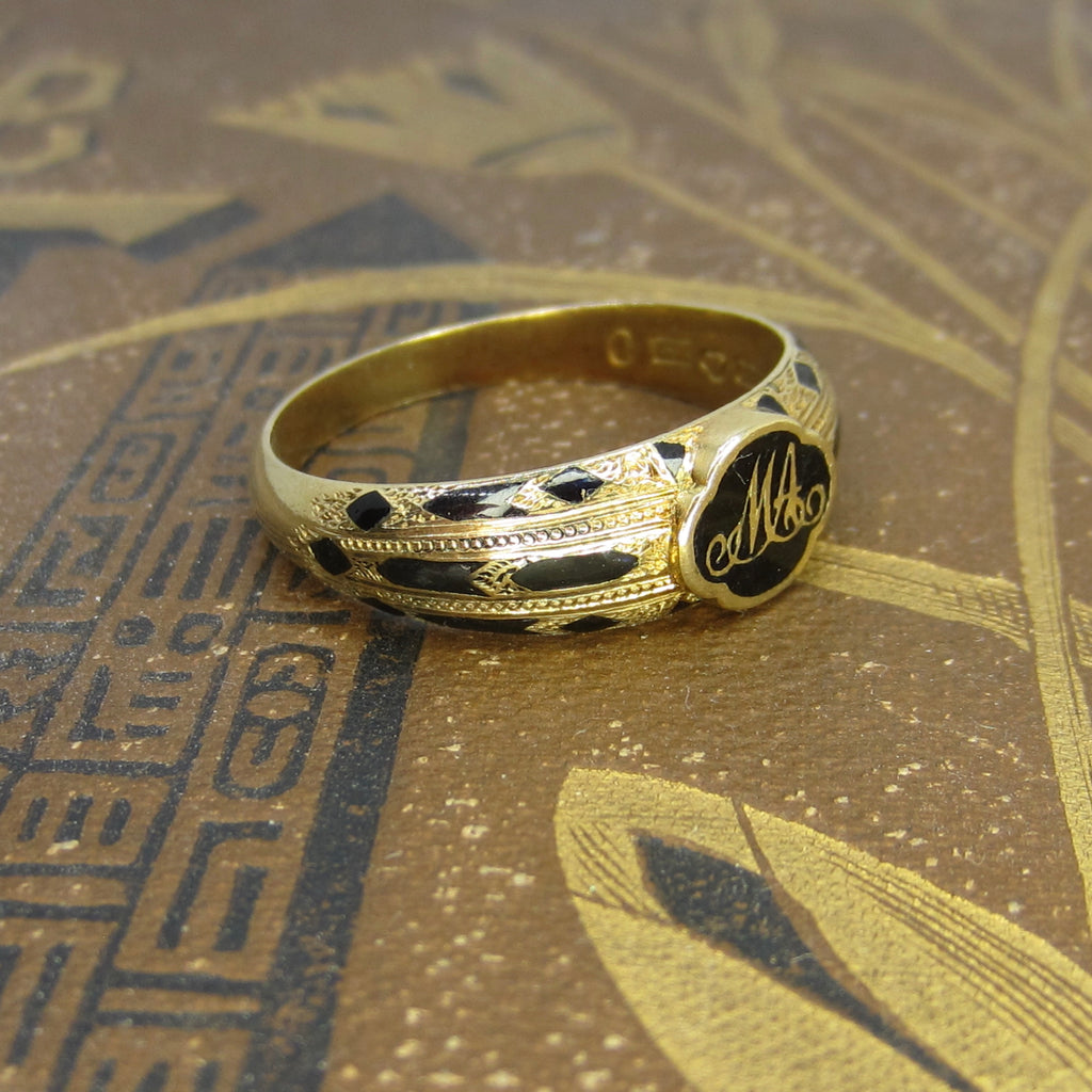Antique 18k Gold Enamel Mourning Ring With Secret Compartment 1860
