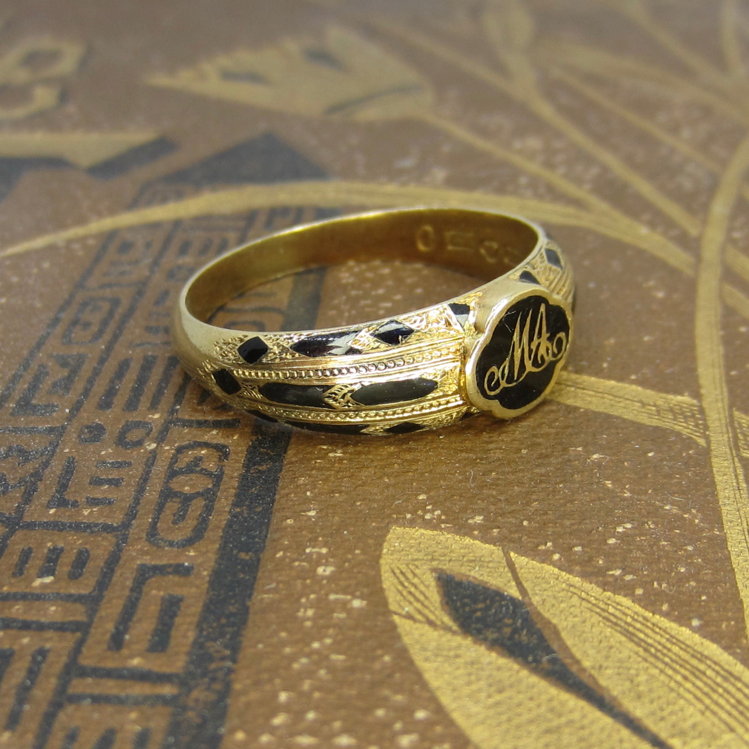 Antique 18k Gold Enamel Mourning Ring With Secret Compartment 1860