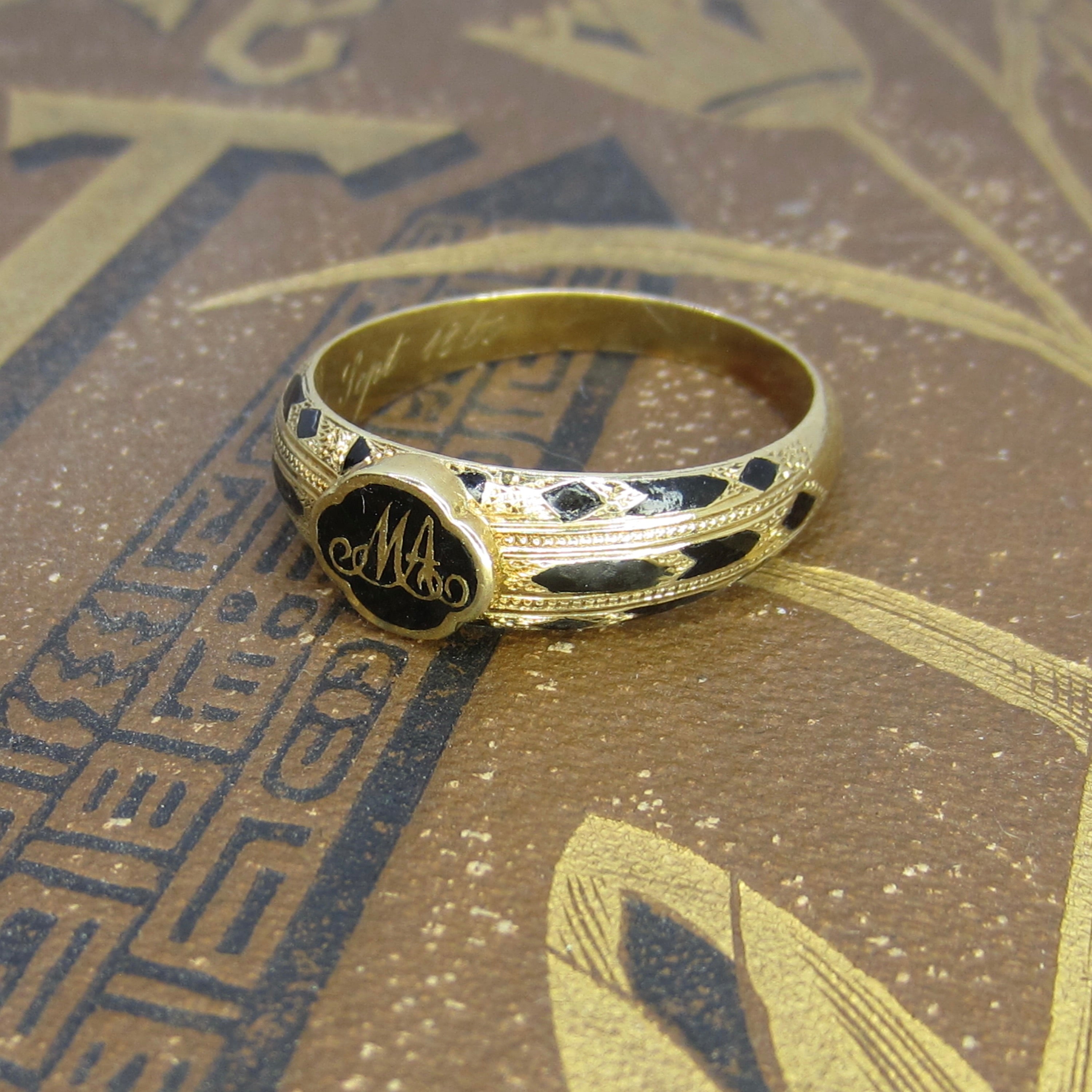 Antique 18k Gold Enamel Mourning Ring With Secret Compartment 1860