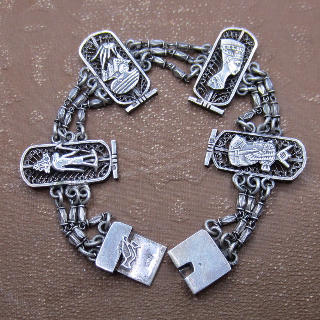 Vintage Egyptian Revival Silver Filigree Panel Bracelet c.1970s