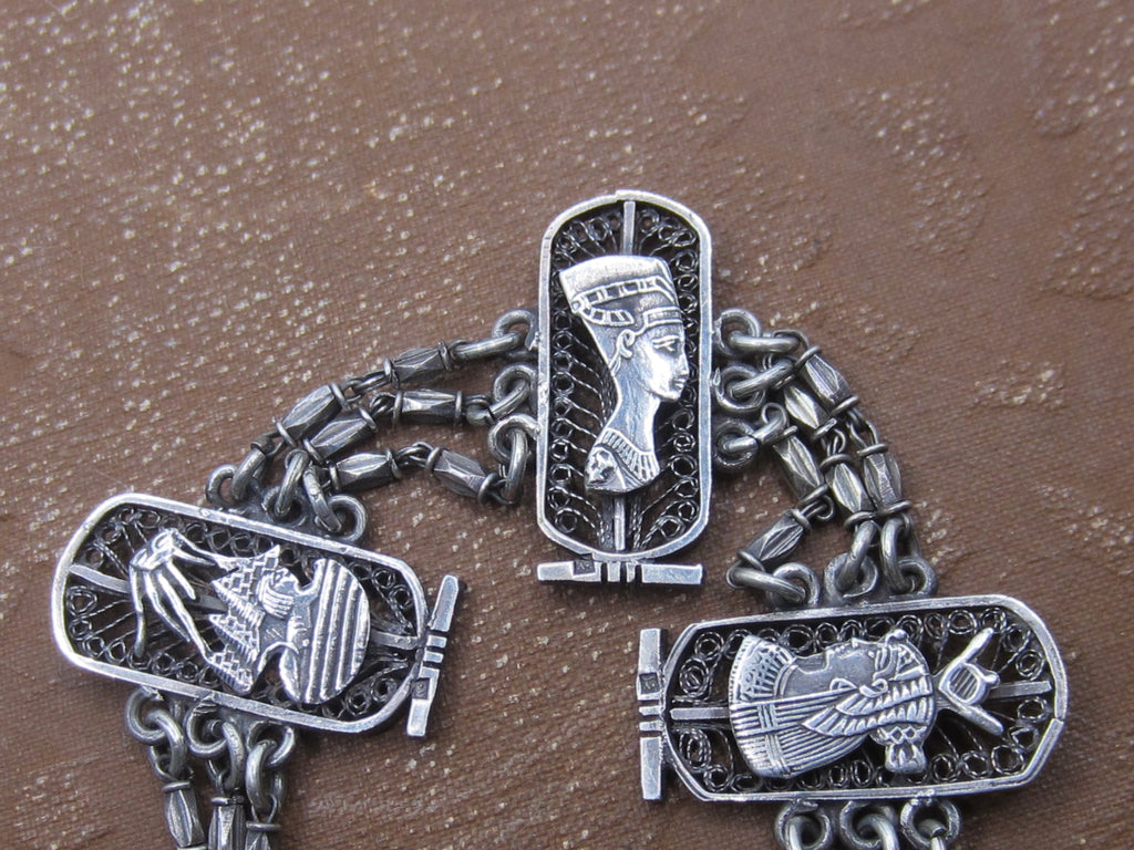Vintage Egyptian Revival Silver Filigree Panel Bracelet c.1970s