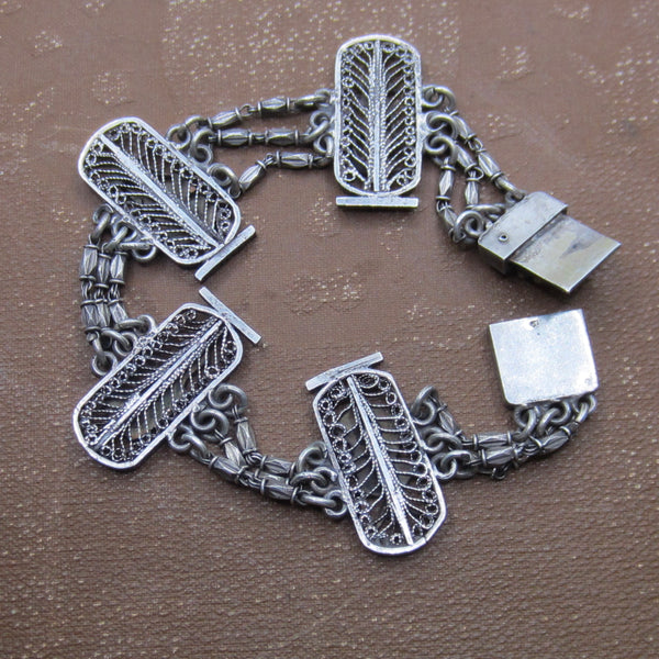 Vintage Egyptian Revival Silver Filigree Panel Bracelet c.1970s