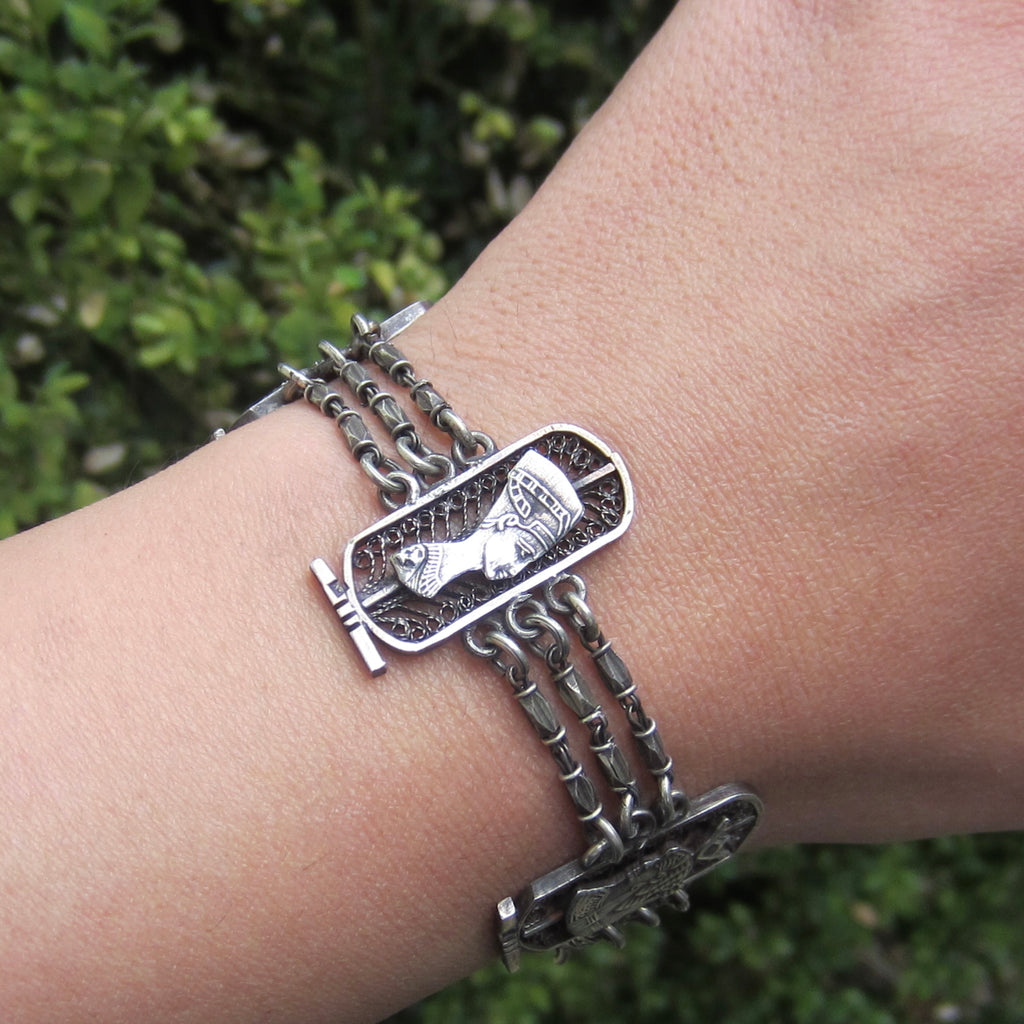 Vintage Egyptian Revival Silver Filigree Panel Bracelet c.1970s