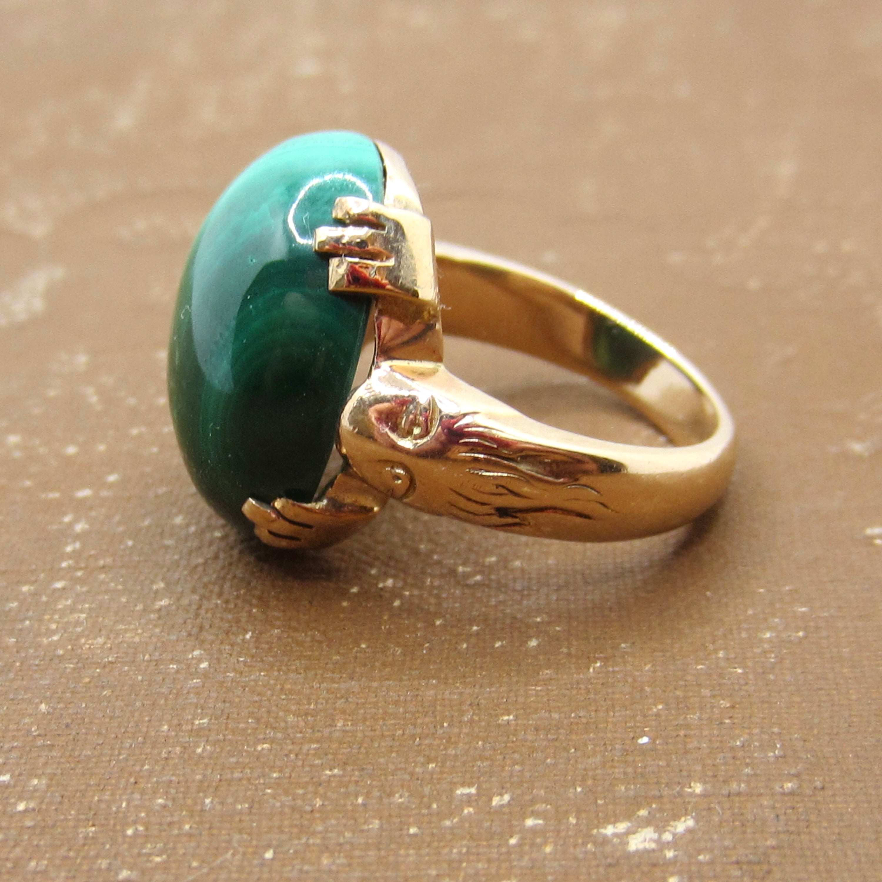 Vintage Art Deco 14k Gold Malachite Lion Ring c.1930s