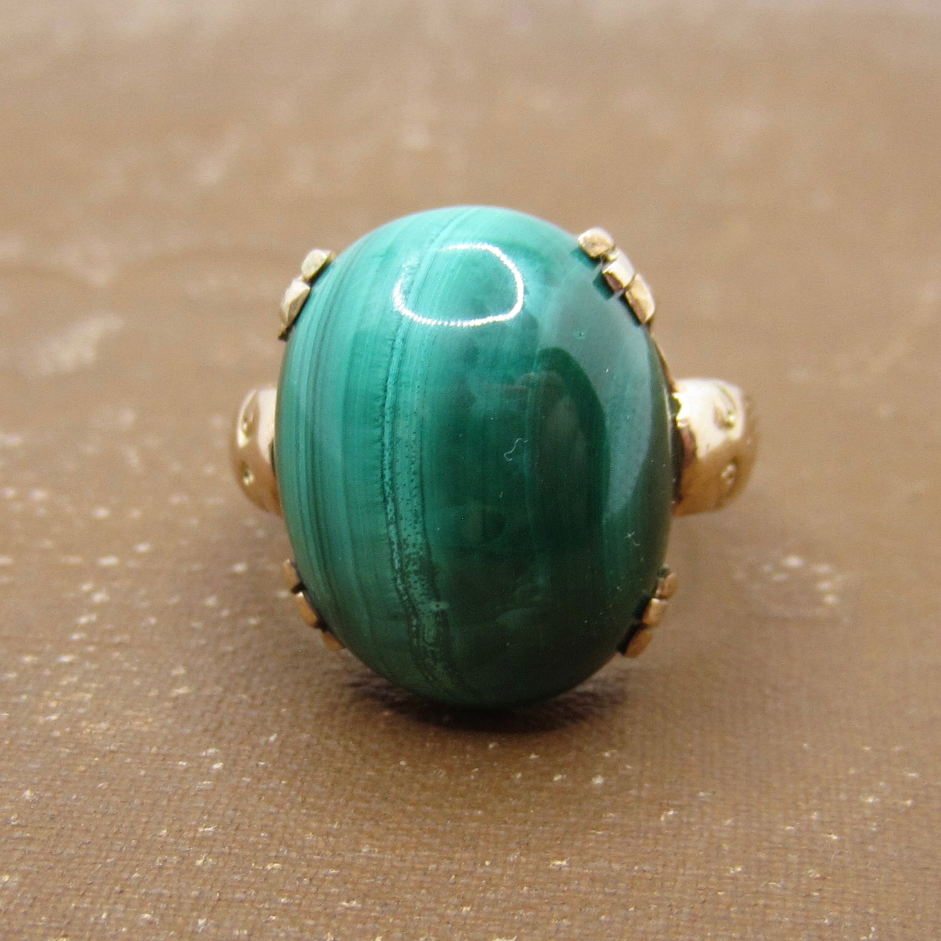 Vintage Art Deco 14k Gold Malachite Lion Ring c.1930s