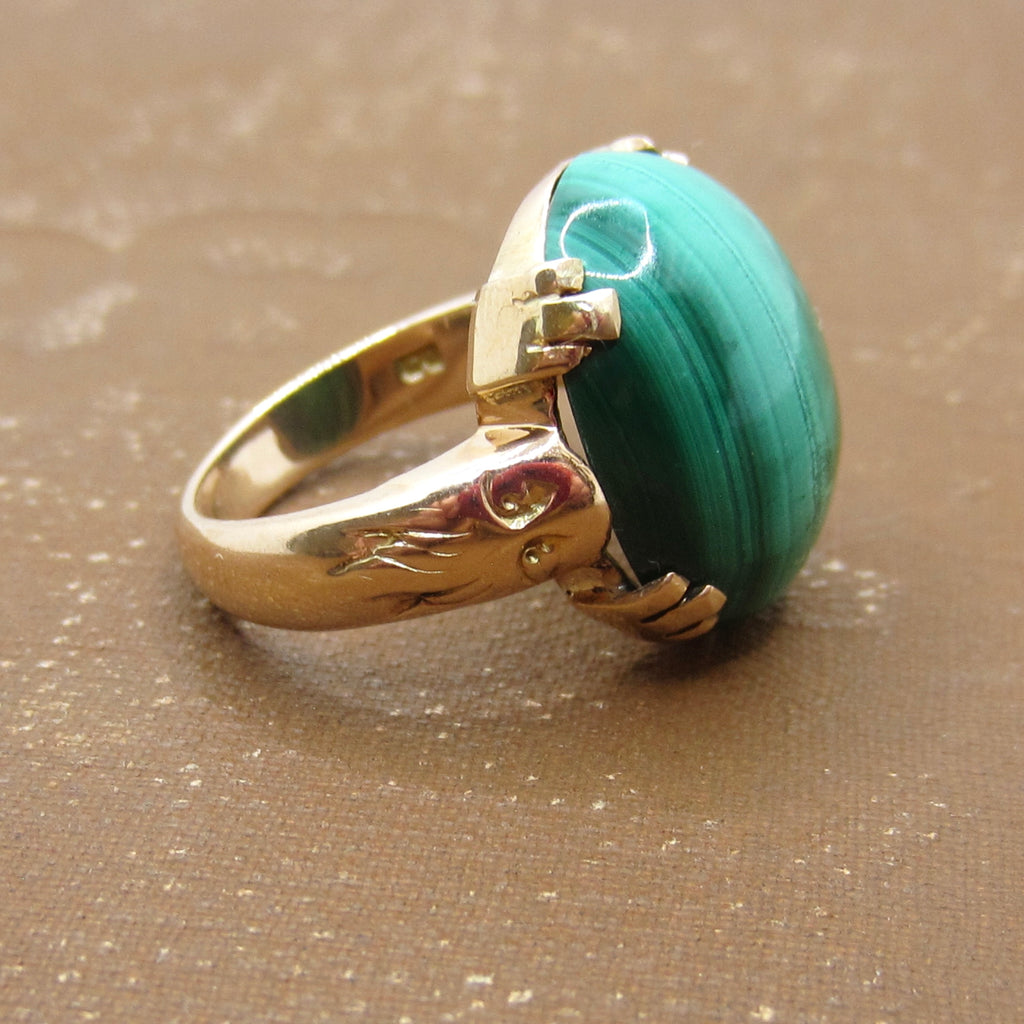 Vintage Art Deco 14k Gold Malachite Lion Ring c.1930s