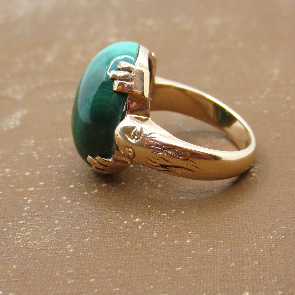 Vintage Art Deco 14k Gold Malachite Lion Ring c.1930s