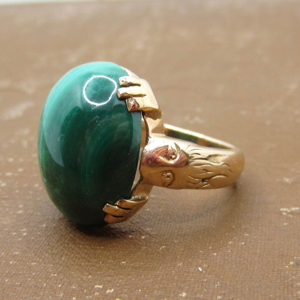 Vintage Art Deco 14k Gold Malachite Lion Ring c.1930s