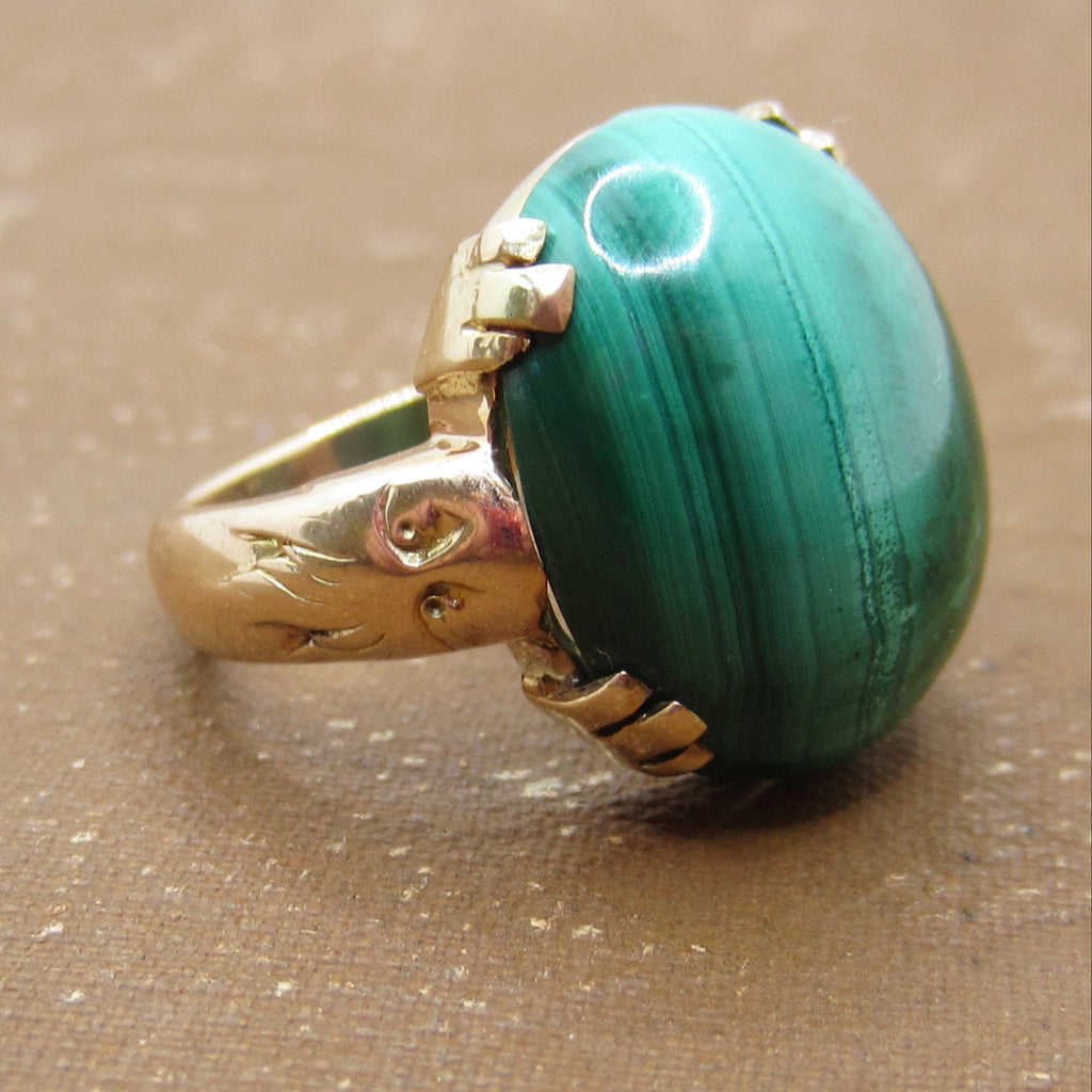 Vintage Art Deco 14k Gold Malachite Lion Ring c.1930s