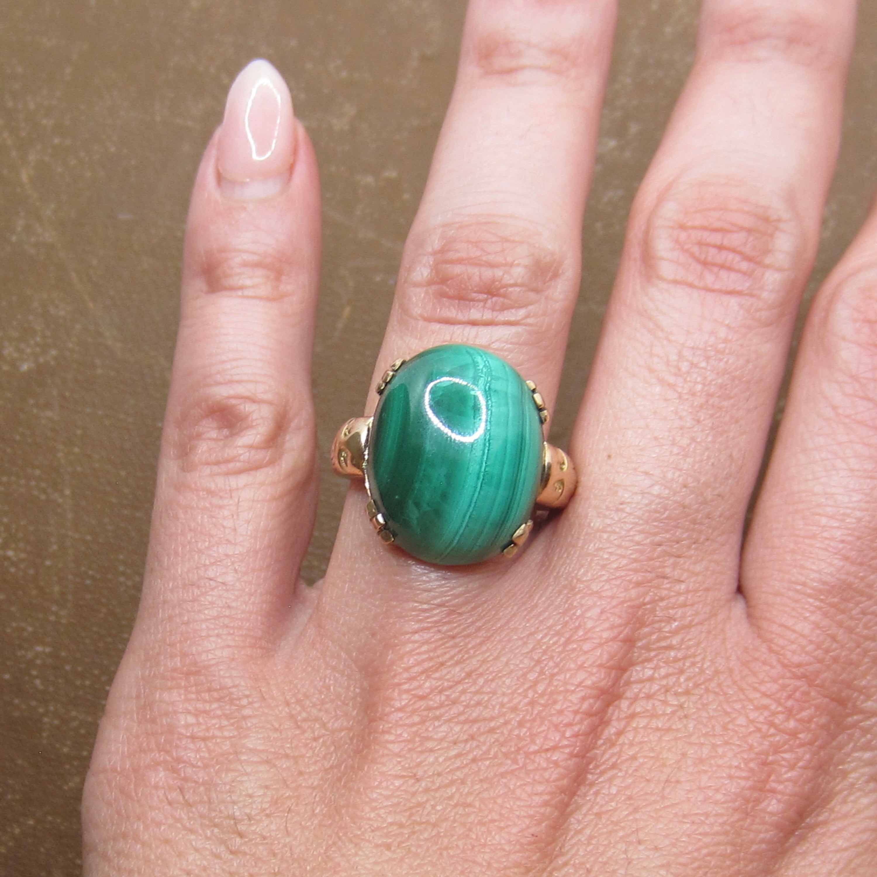 Vintage Art Deco 14k Gold Malachite Lion Ring c.1930s