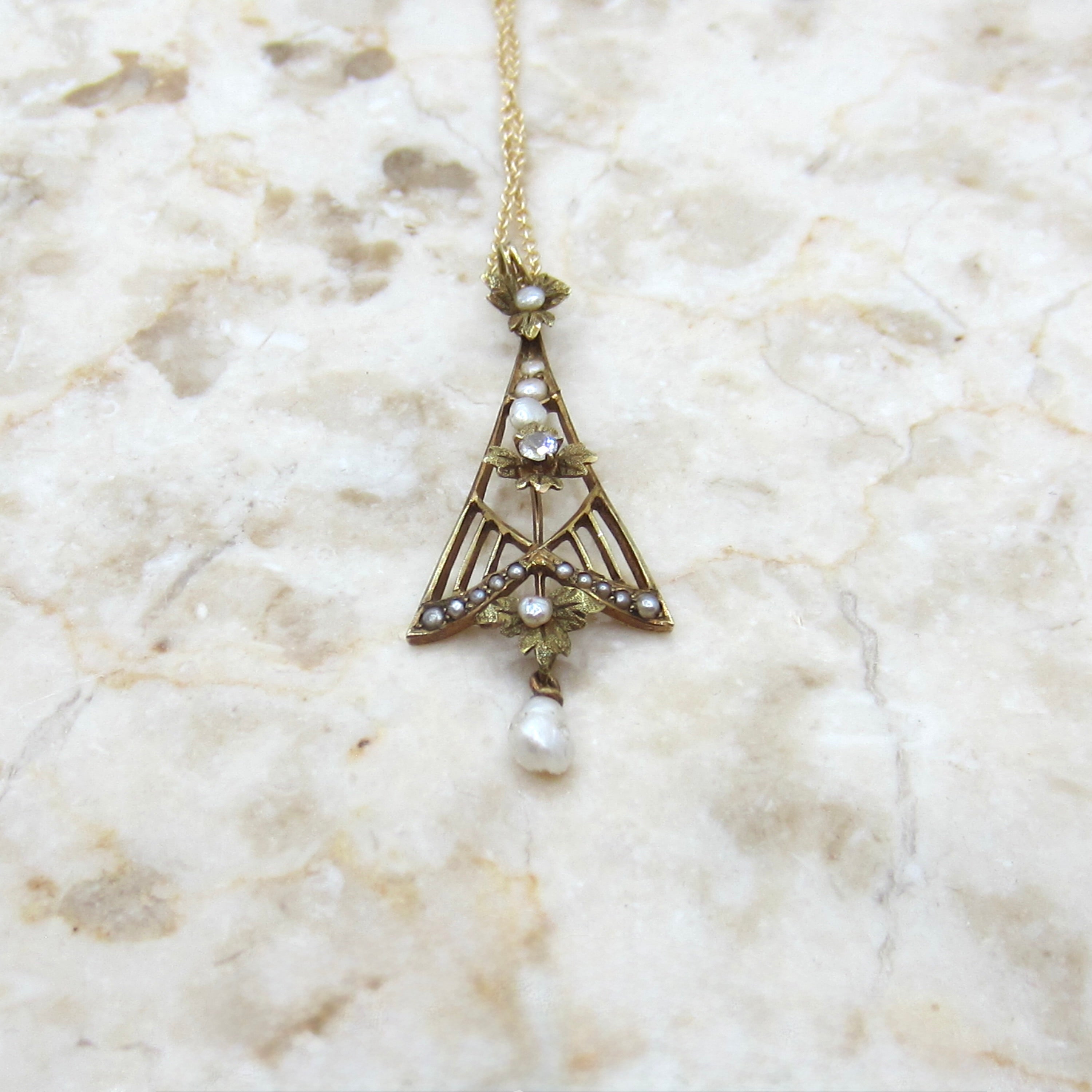 Antique Edwardian 14k Gold Diamond and Pearl Lavaliere Necklace c.1910