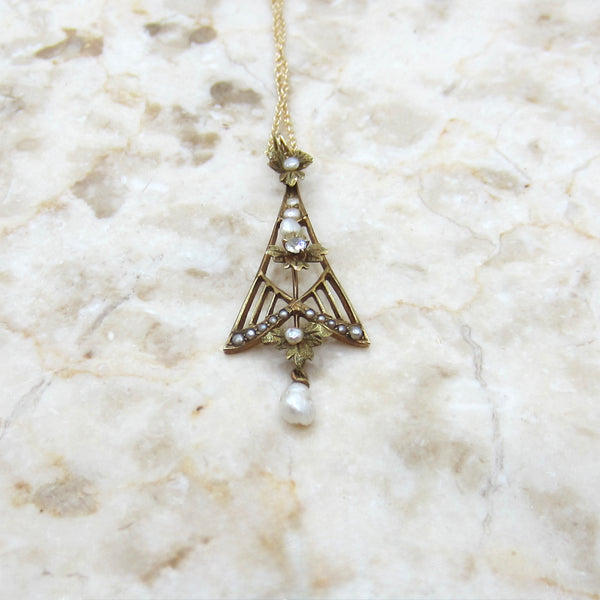 Antique Edwardian 14k Gold Diamond and Pearl Lavaliere Necklace c.1910