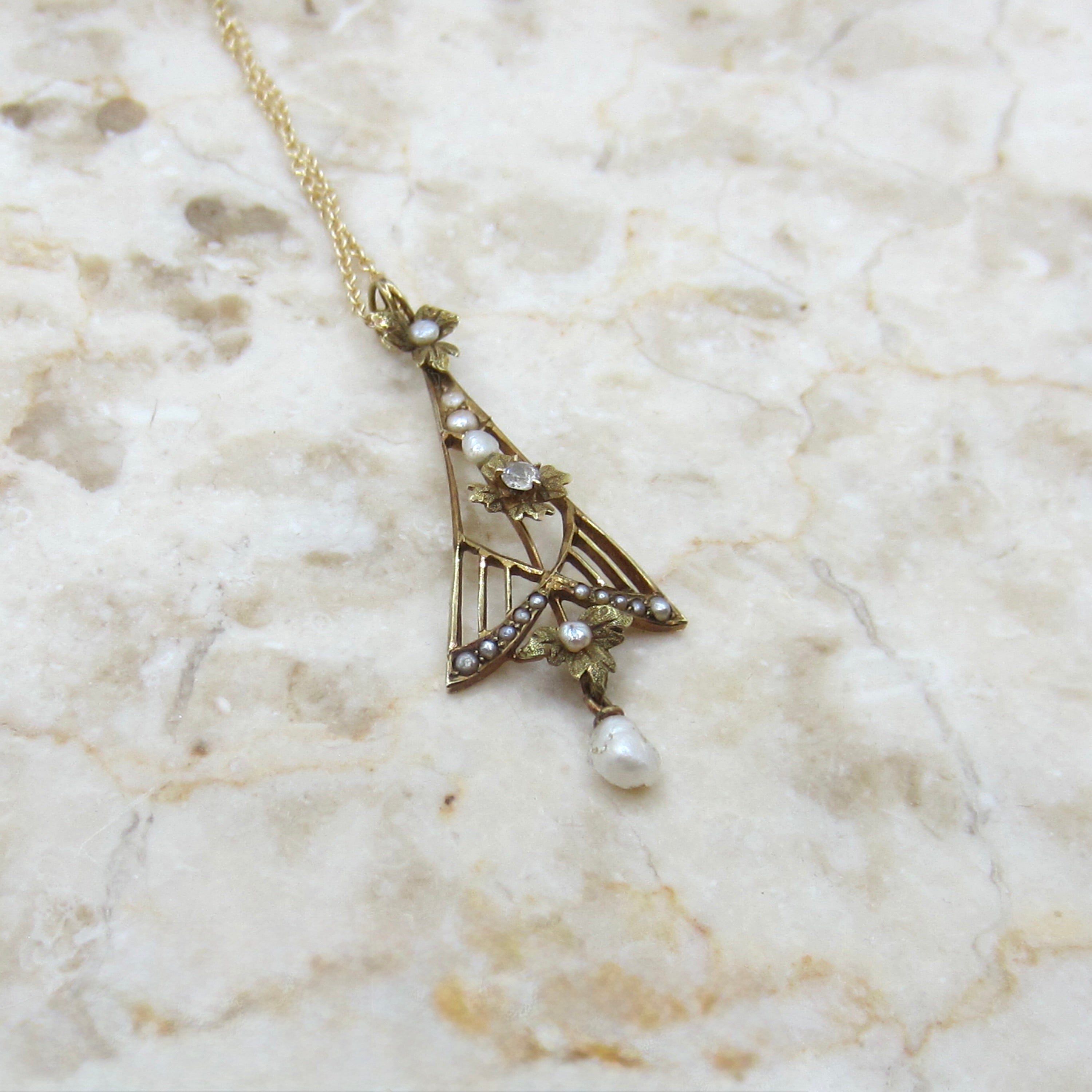 Antique Edwardian 14k Gold Diamond and Pearl Lavaliere Necklace c.1910