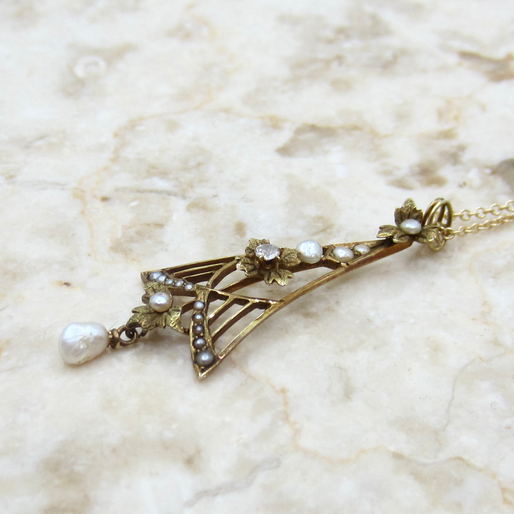 Antique Edwardian 14k Gold Diamond and Pearl Lavaliere Necklace c.1910