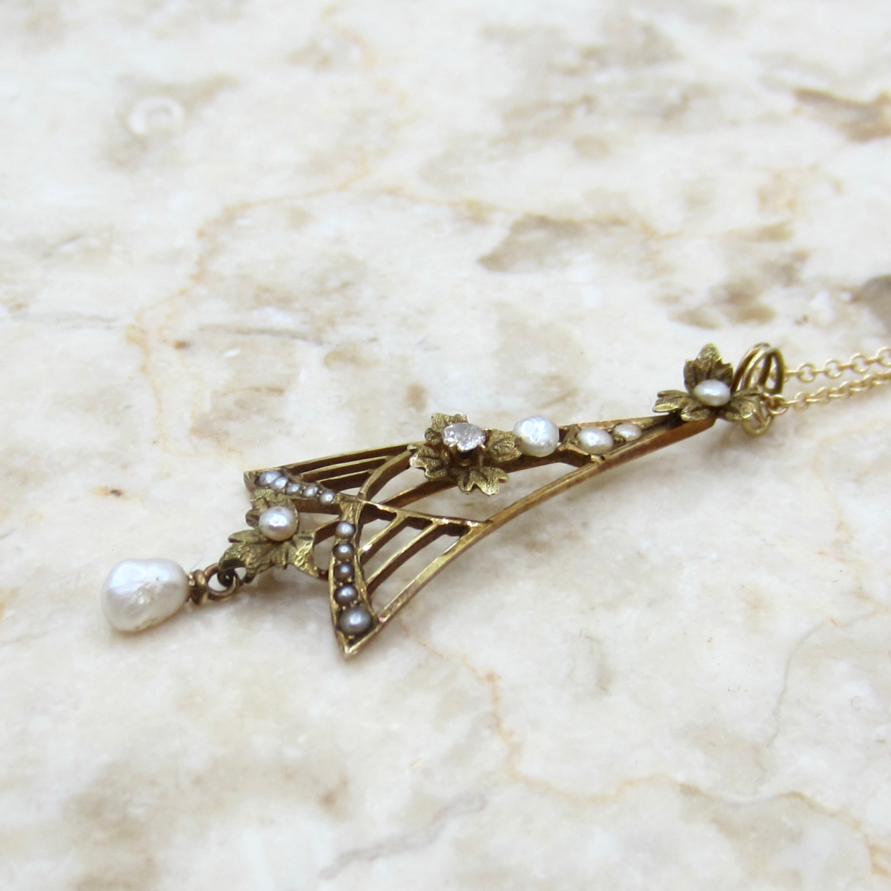 Antique Edwardian 14k Gold Diamond and Pearl Lavaliere Necklace c.1910