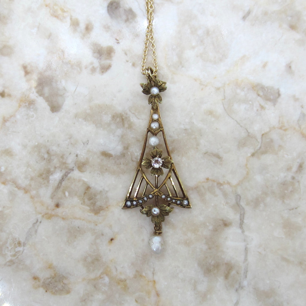 Antique Edwardian 14k Gold Diamond and Pearl Lavaliere Necklace c.1910