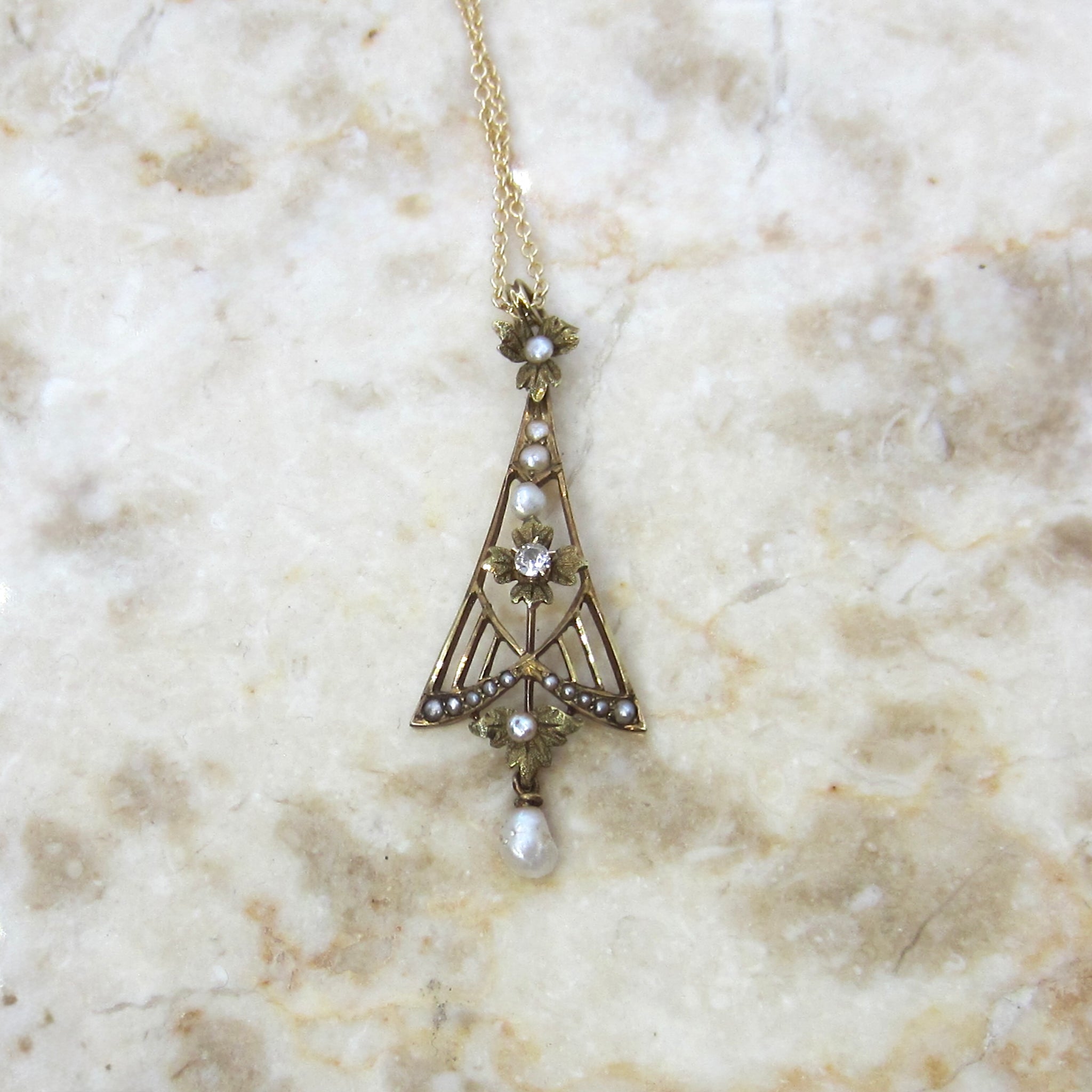 Antique Edwardian 14k Gold Diamond and Pearl Lavaliere Necklace c.1910