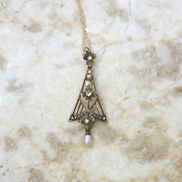 Antique Edwardian 14k Gold Diamond and Pearl Lavaliere Necklace c.1910