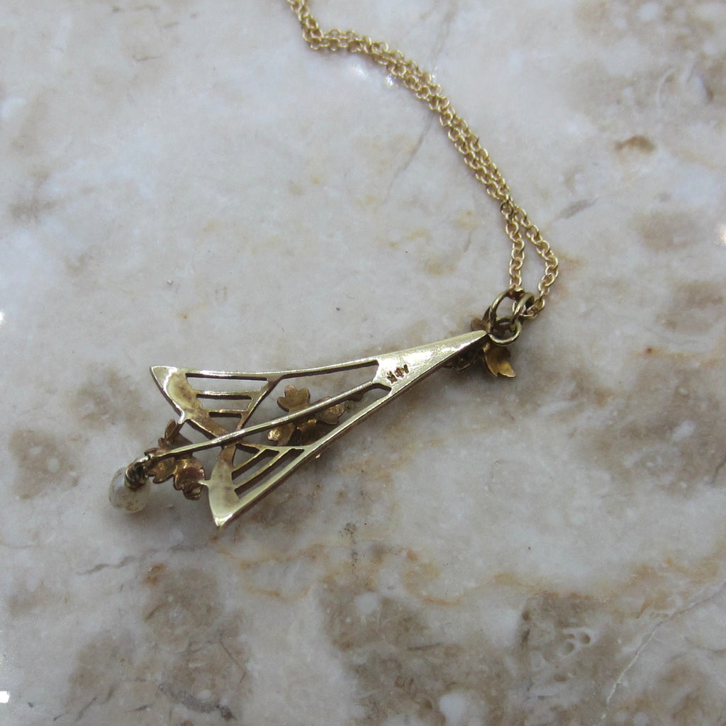 Antique Edwardian 14k Gold Diamond and Pearl Lavaliere Necklace c.1910