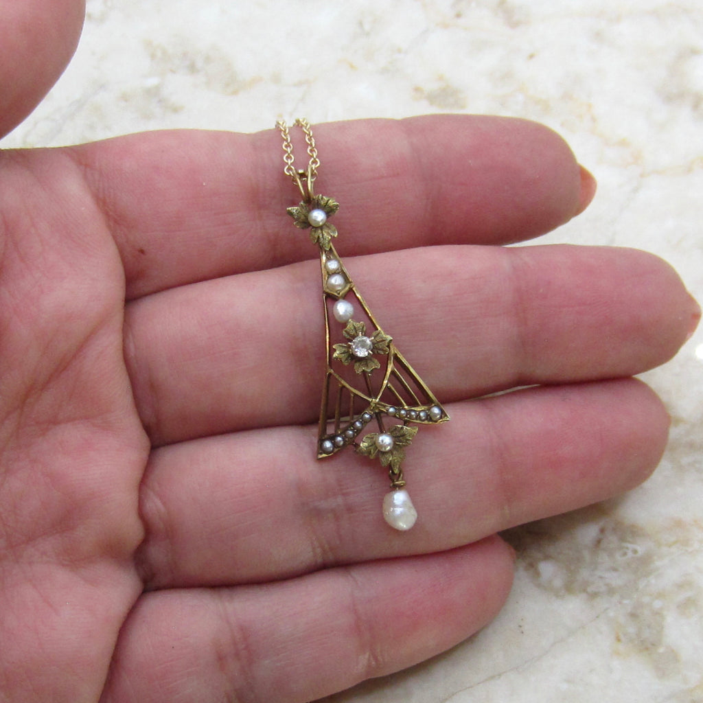 Antique Edwardian 14k Gold Diamond and Pearl Lavaliere Necklace c.1910