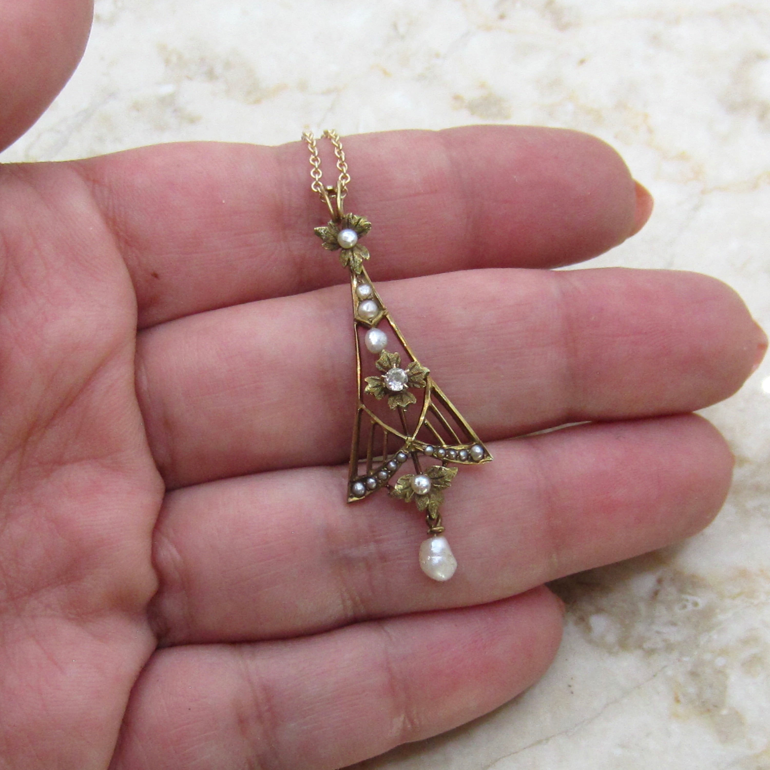 Antique Edwardian 14k Gold Diamond and Pearl Lavaliere Necklace c.1910