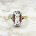 Antique Art Deco Natural Aquamarine 14k Gold Ring | Two-Tone Gold Setting with Engraved Shoulders