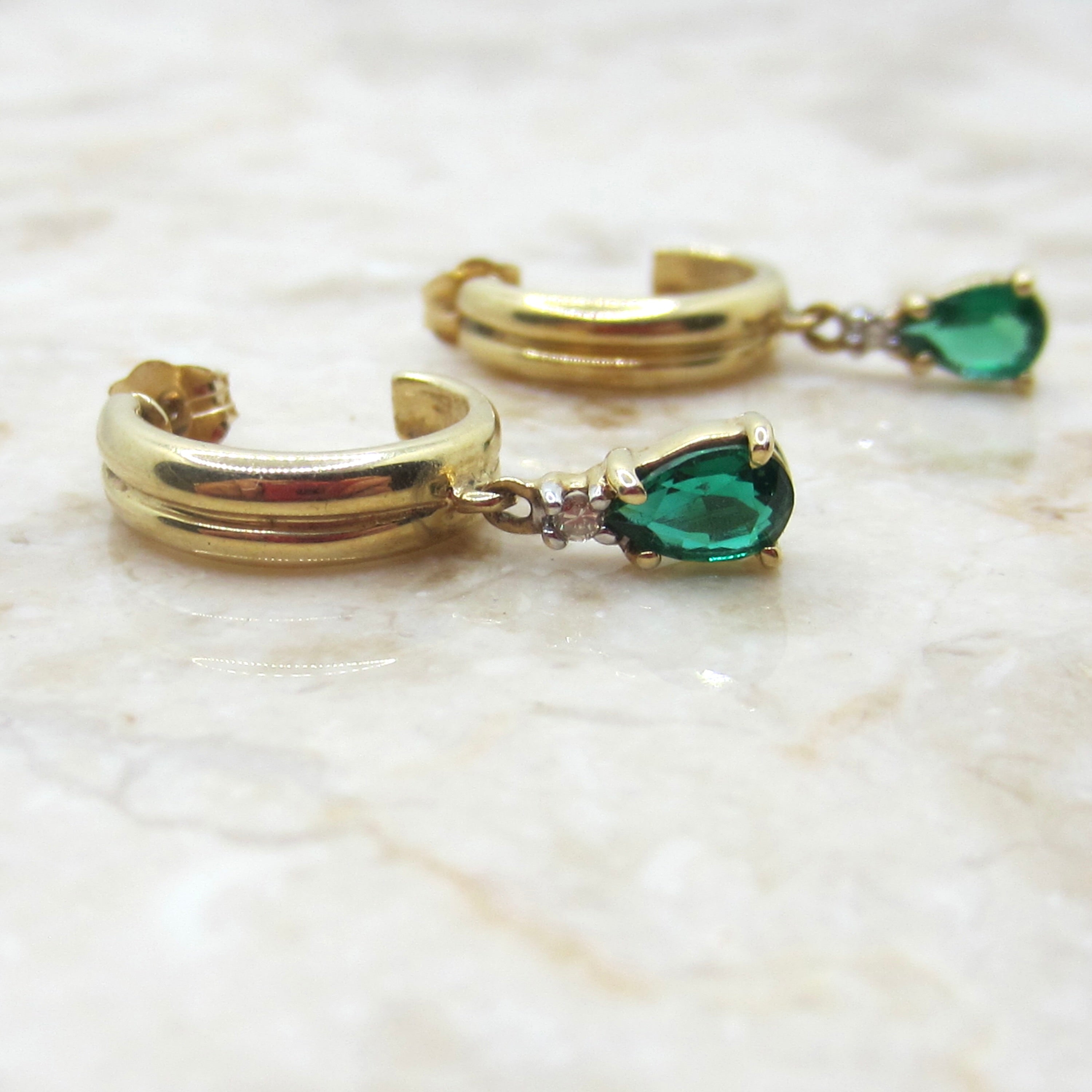 Vintage Lab-Made Emerald Drop Hoop Earrings – 14K Gold with Natural Diamond