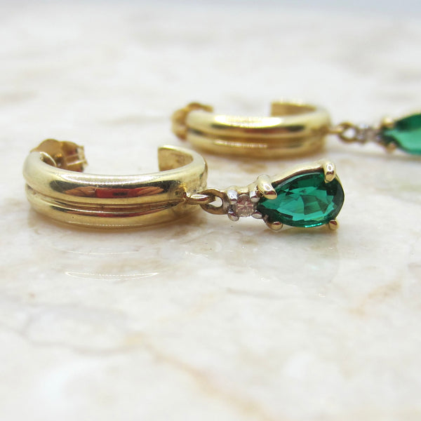 Vintage Lab-Made Emerald Drop Hoop Earrings – 14K Gold with Natural Diamond
