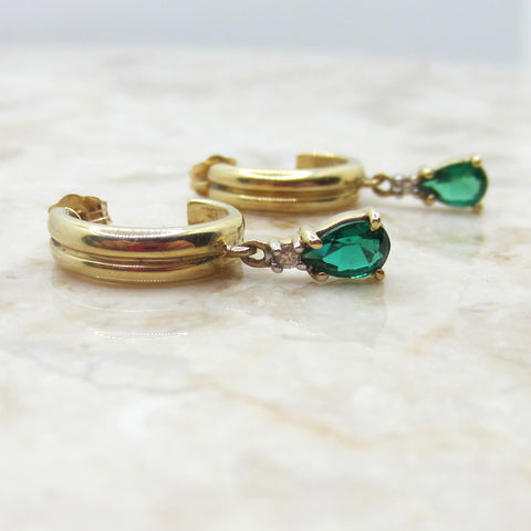 Vintage Lab-Made Emerald Drop Hoop Earrings – 14K Gold with Natural Diamond