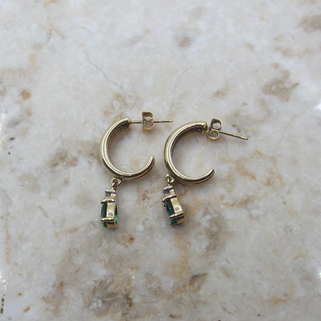 Vintage Lab-Made Emerald Drop Hoop Earrings – 14K Gold with Natural Diamond