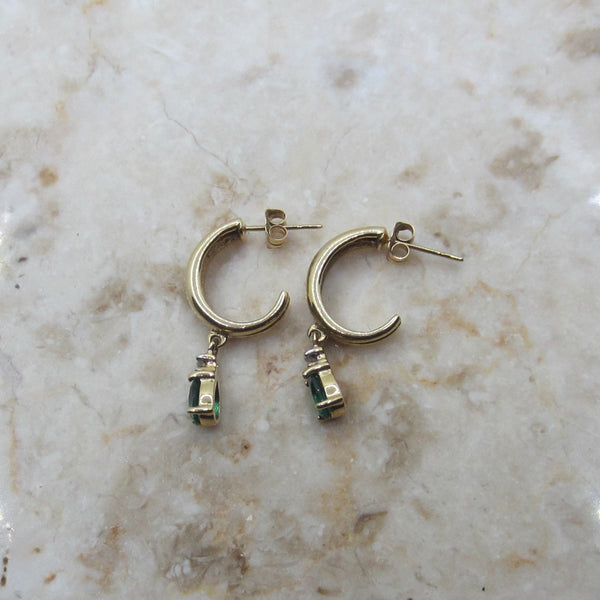 Vintage Lab-Made Emerald Drop Hoop Earrings – 14K Gold with Natural Diamond