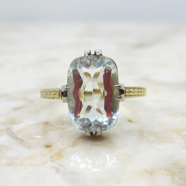Antique Art Deco Natural Aquamarine 14k Gold Ring | Two-Tone Gold Setting with Engraved Shoulders