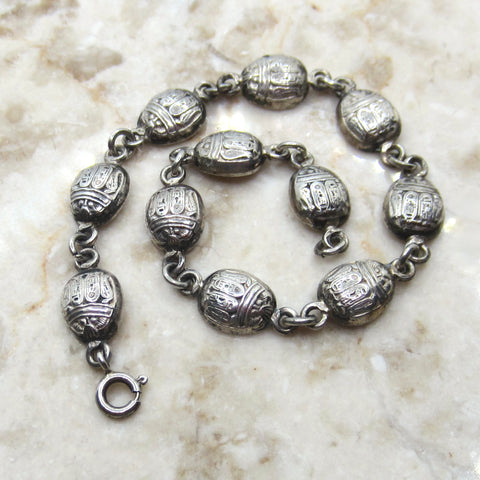 Vintage Egyptian Revival Scarab Bracelet – Sterling Silver Hieroglyph Scarab Link Bracelet c.1970s