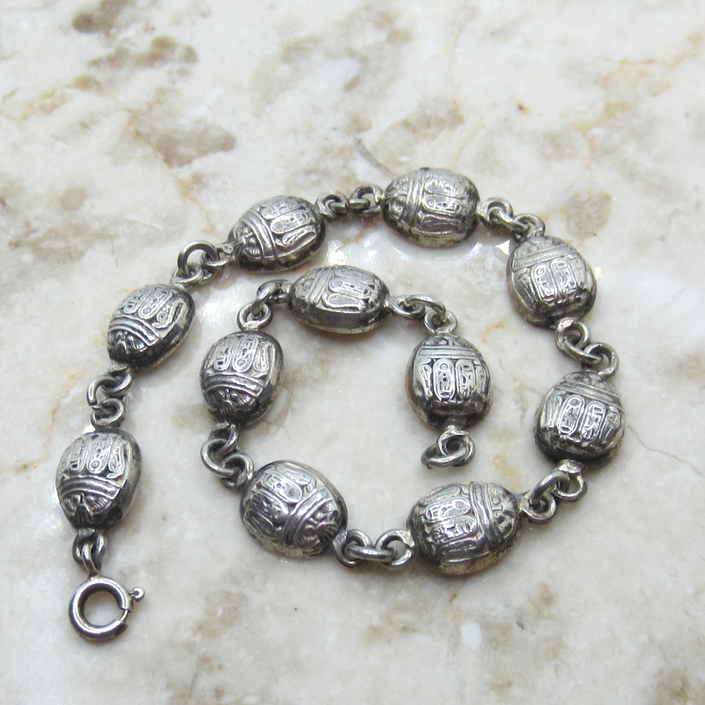 Vintage Egyptian Revival Scarab Bracelet – Sterling Silver Hieroglyph Scarab Link Bracelet c.1970s
