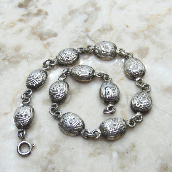 Vintage Egyptian Revival Scarab Bracelet – Sterling Silver Hieroglyph Scarab Link Bracelet c.1970s