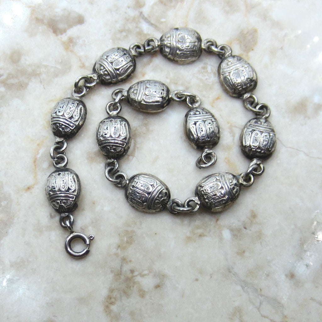 Vintage Egyptian Revival Scarab Bracelet – Sterling Silver Hieroglyph Scarab Link Bracelet c.1970s
