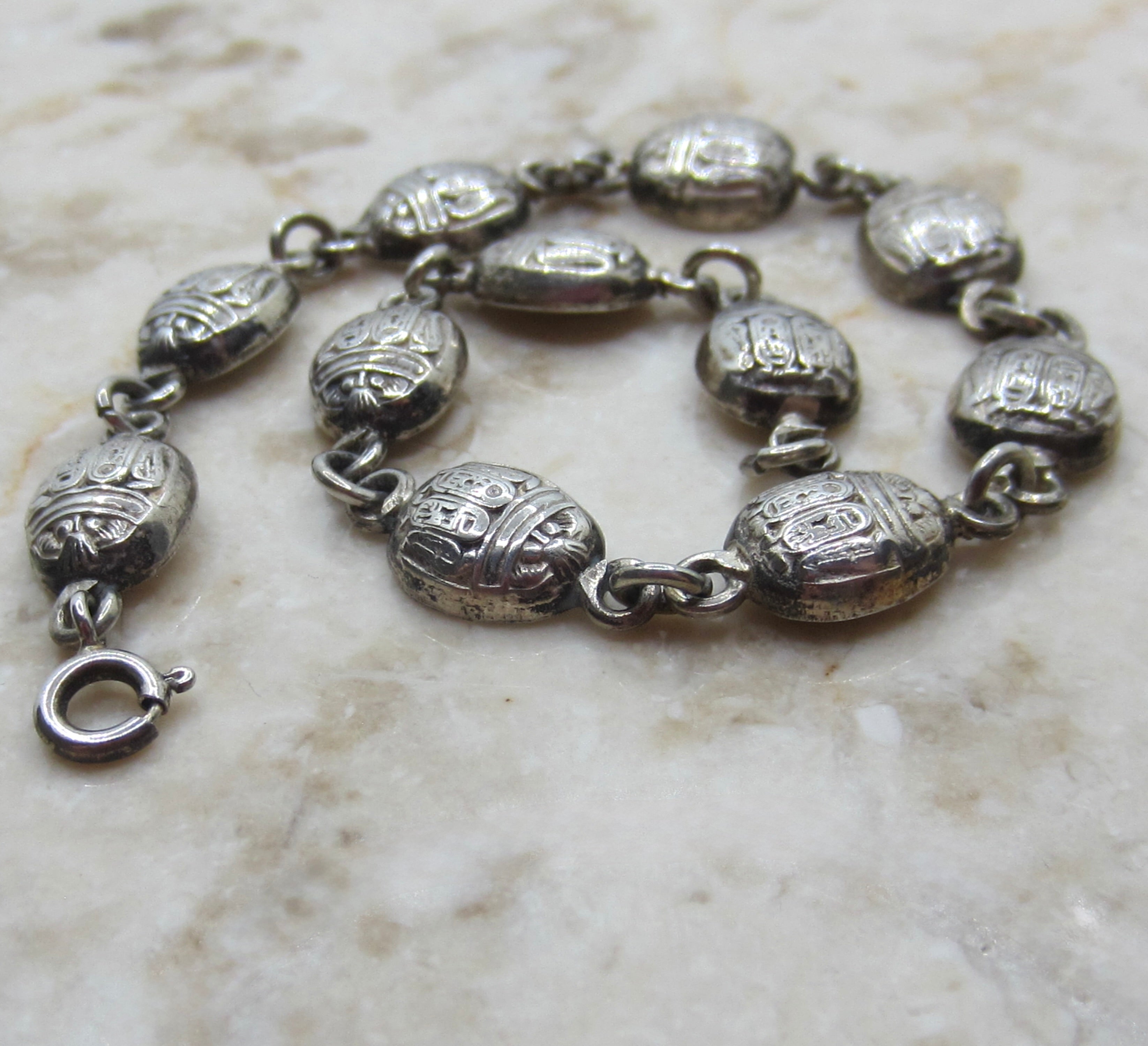 Vintage Egyptian Revival Scarab Bracelet – Sterling Silver Hieroglyph Scarab Link Bracelet c.1970s