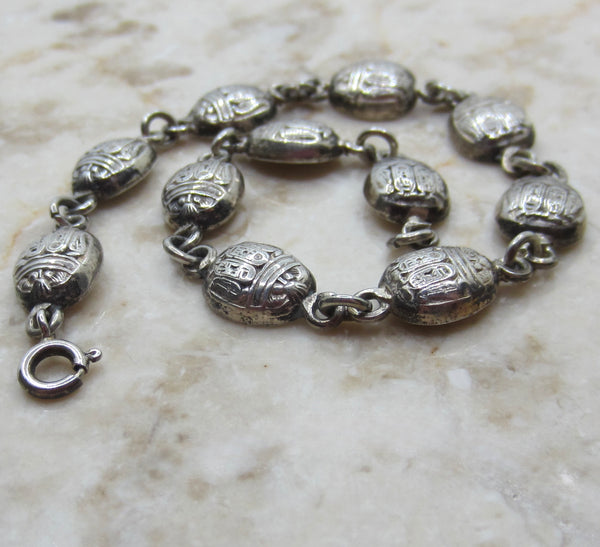 Vintage Egyptian Revival Scarab Bracelet – Sterling Silver Hieroglyph Scarab Link Bracelet c.1970s