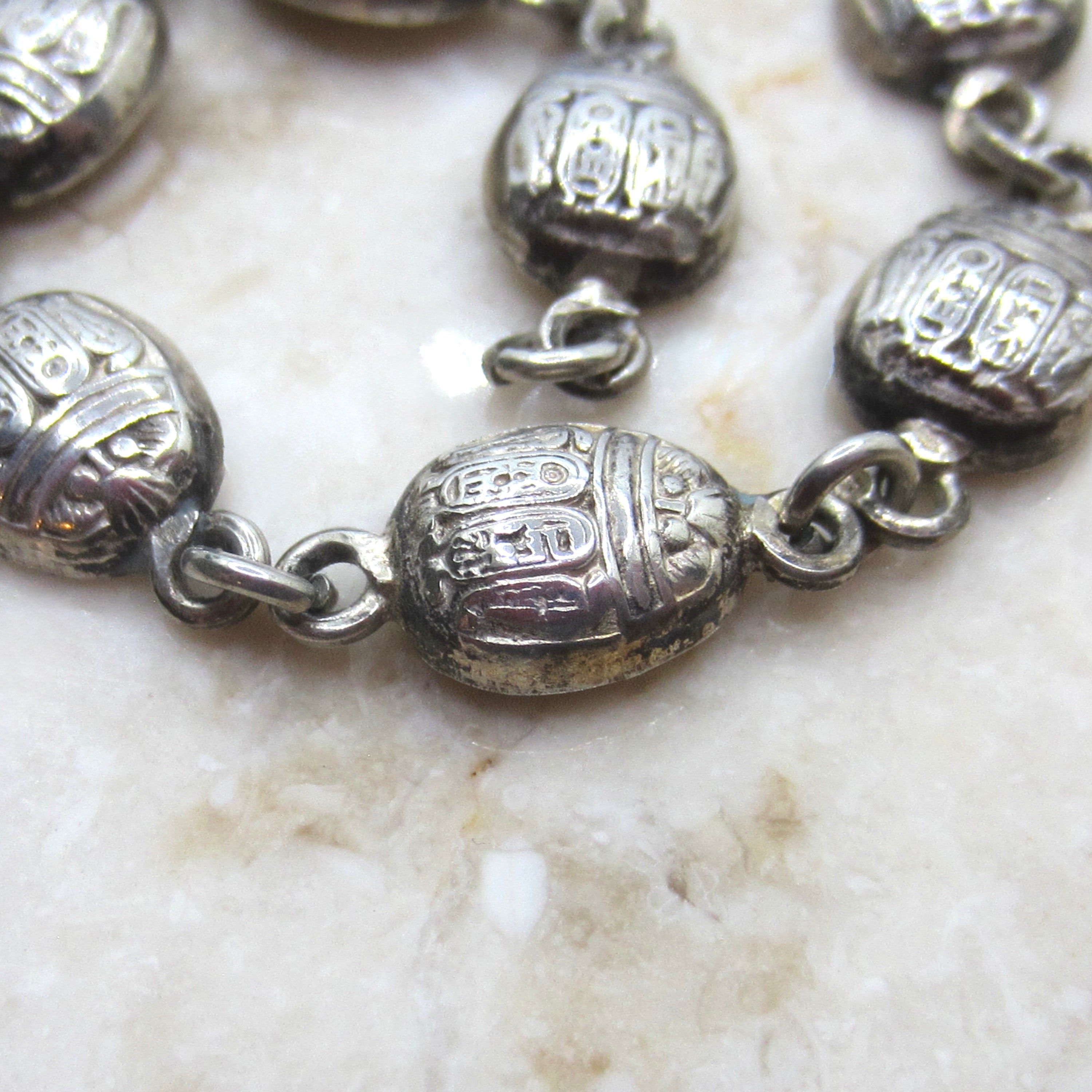 Vintage Egyptian Revival Scarab Bracelet – Sterling Silver Hieroglyph Scarab Link Bracelet c.1970s