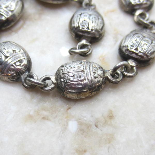 Vintage Egyptian Revival Scarab Bracelet – Sterling Silver Hieroglyph Scarab Link Bracelet c.1970s