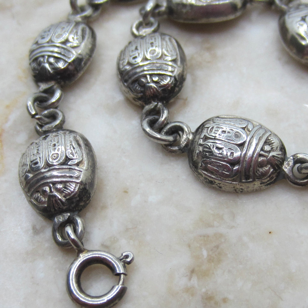 Vintage Egyptian Revival Scarab Bracelet – Sterling Silver Hieroglyph Scarab Link Bracelet c.1970s