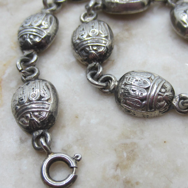 Vintage Egyptian Revival Scarab Bracelet – Sterling Silver Hieroglyph Scarab Link Bracelet c.1970s